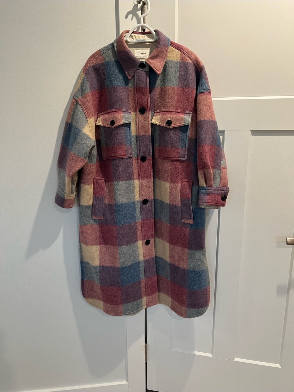 Isabel Marant Oversized Plaid Shacket Coat in Pink, Blue & Cream